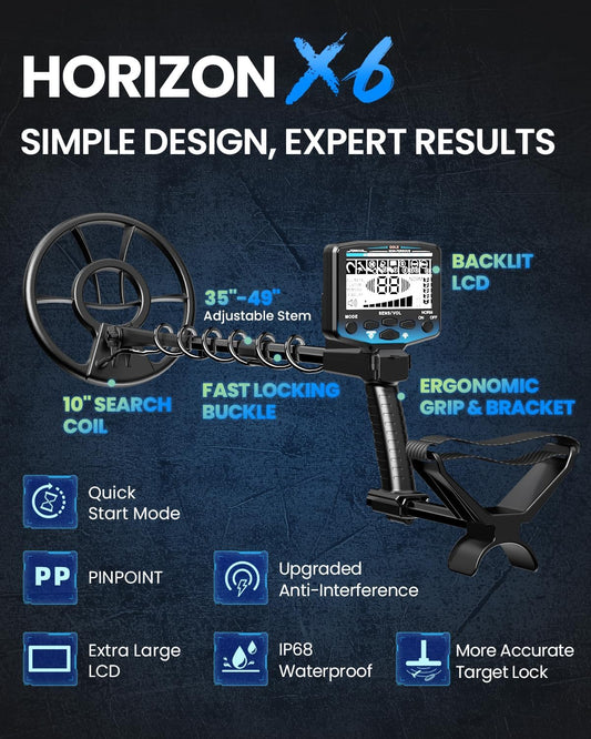 Horizon X6 Metal Detector for Adults Professional, Higher Accuracy Gold Silver Metal Detectors Kit, Intelligent NORM Mode for Beginner, 6 Modes, Advanced DSP Chip,10" Waterproof Coil, Larger LCD
