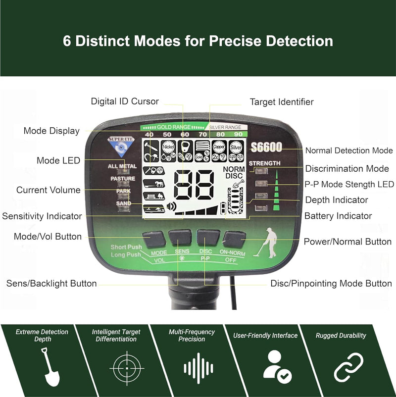 SuperEye S6600 Metal Detector - 6 Modes, LCD Display | Professional Gold & Treasure Hunting for Adults